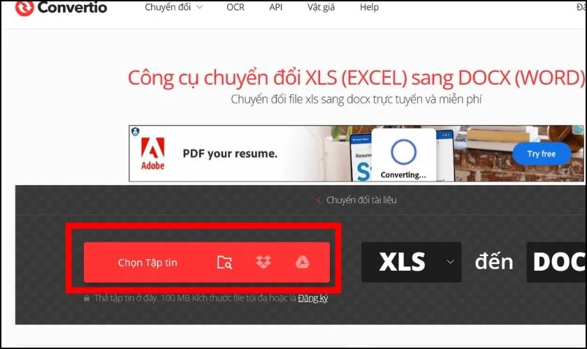 Sao chép nội dung từ Excel sang Word bằng Convertio.co