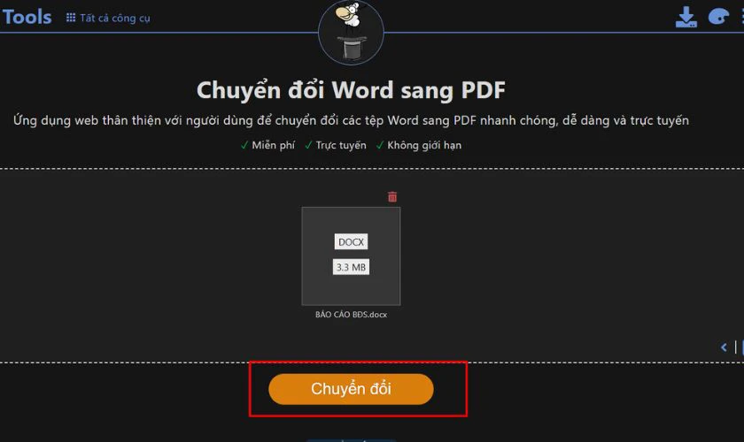 Bạn tải file Docs lên PDF24 Tools và nhấn nút Chuyển đổi
