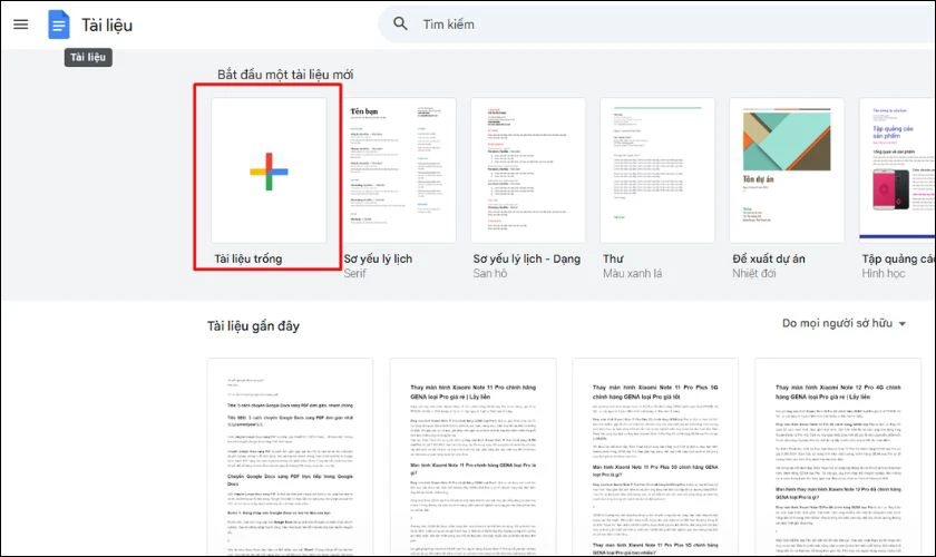 Nếu tài liệu chưa được tạo, bạn có thể nhấn vào nút “Blank” (Trang trống) để tạo tài liệu mới