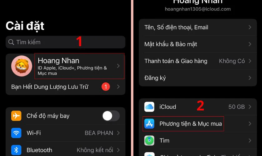 Chọn vào ID Apple và chọn Phương tiện & Mục mua