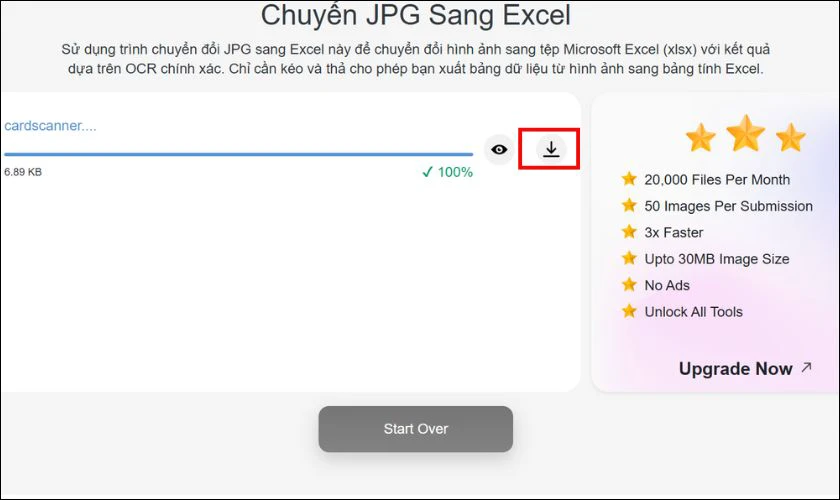 Nhấp vào nút mũi tên để tải file Excel sau khi chuyển đổi