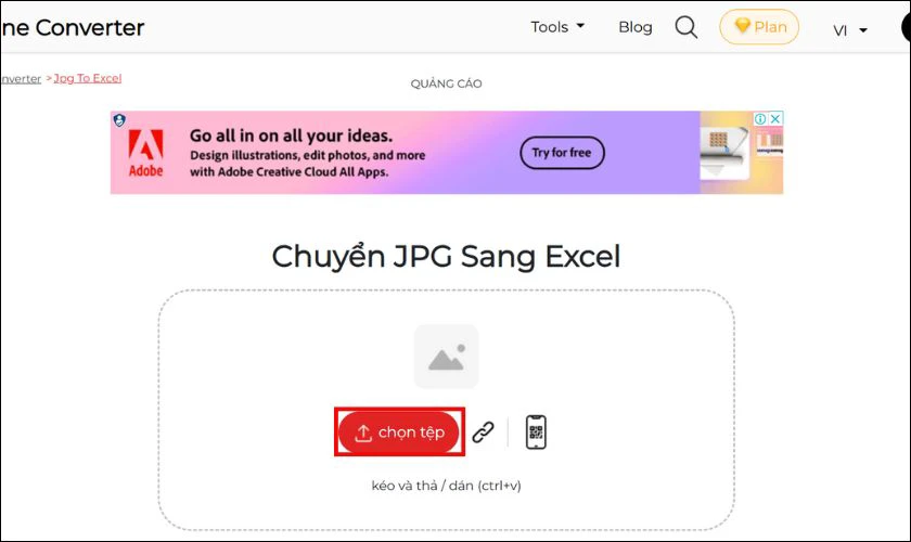 Chuyển JPG sang Excel miễn phí với Theonlineconverter