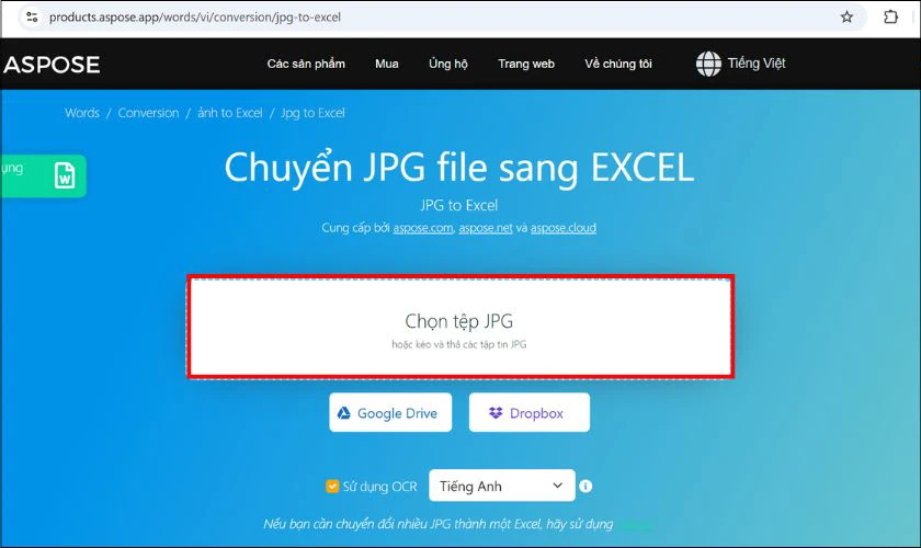 Chuyển JPG sang Excel miễn phí với Aspose App
