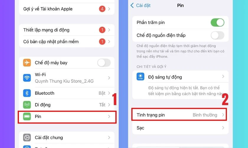 Mở Cài đặt, bấm chọn mục Pin, lướt xuống và nhấn chọn vào Tình trạng pin
