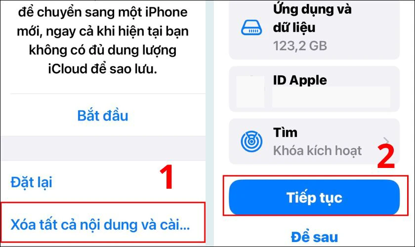 Chọn Xóa tất cả nội dung và cài đặt, rồi nhấn Tiếp tục