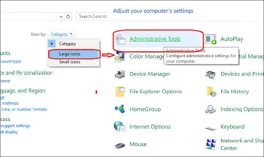 Mở Control Panel và truy cập công cụ quản lý hệ thống
