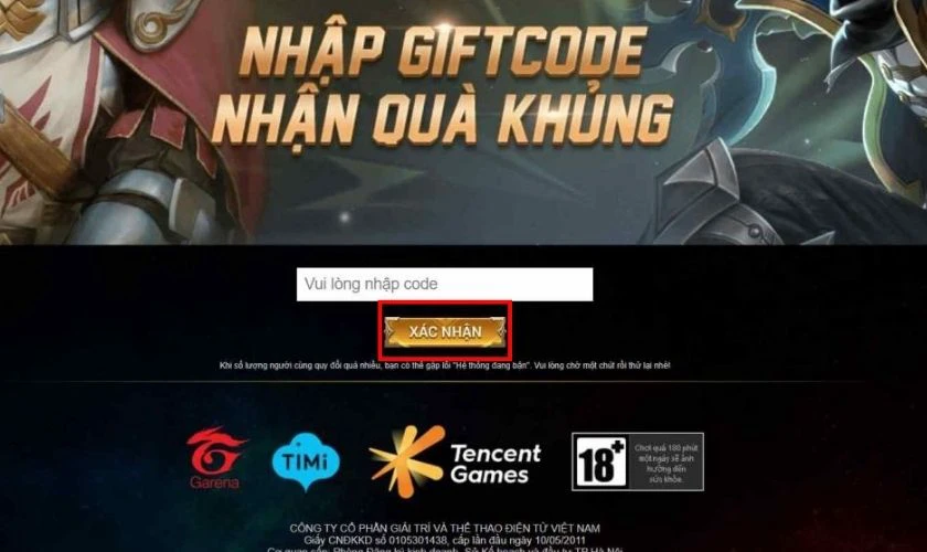 Nhấn Xác nhận để Redeem code