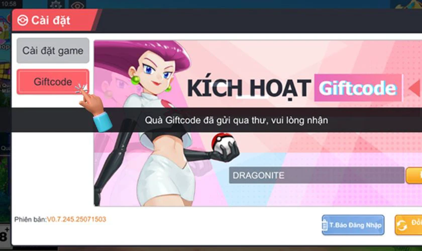 Chọn mục Giftcode và nhập Code Pocket Mega mới nhất