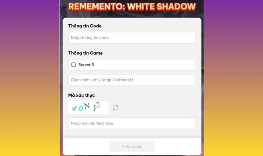 Cách nhập code Rememento White Shadow mới nhất