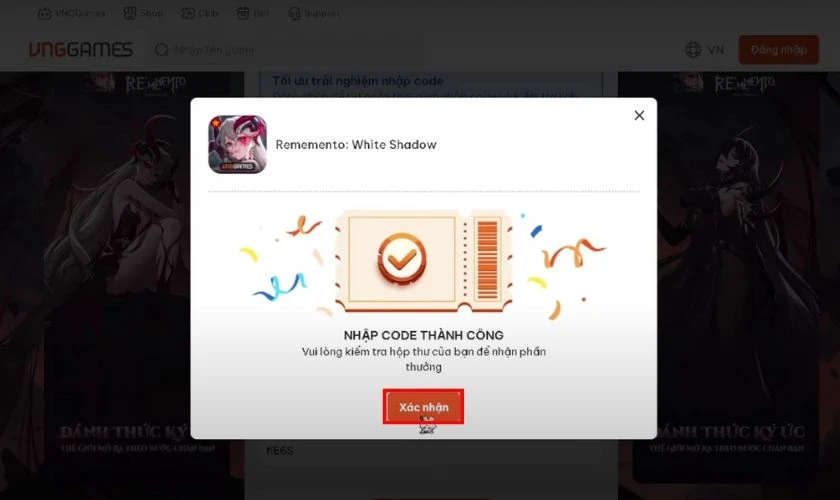 Nhấn Xác nhận để nhận quà trong hộp thư game