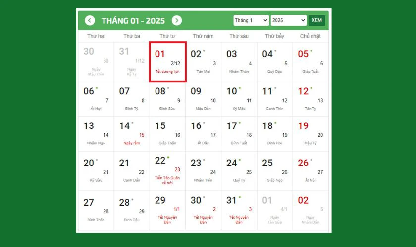 Tết Dương lịch 2025 là thứ mấy?