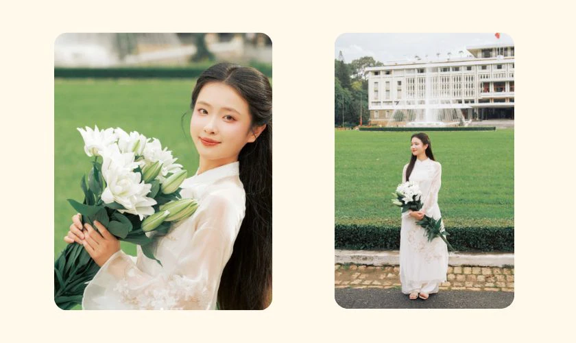 Concept chụp ảnh Tết với hoa ở Dinh Độc Lập