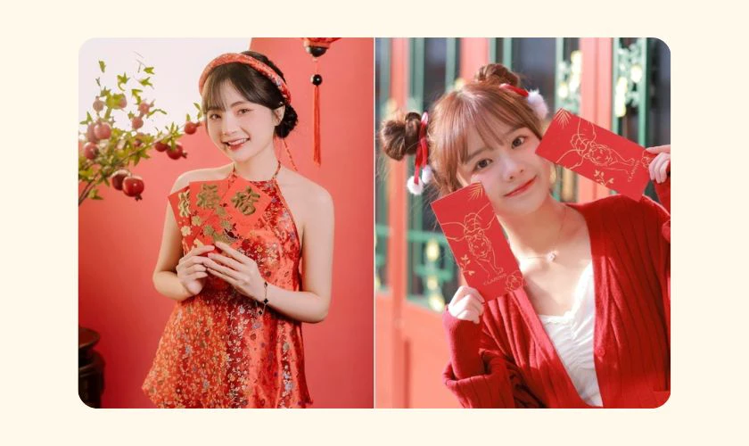 Tạo dáng với bao lì xì đỏ