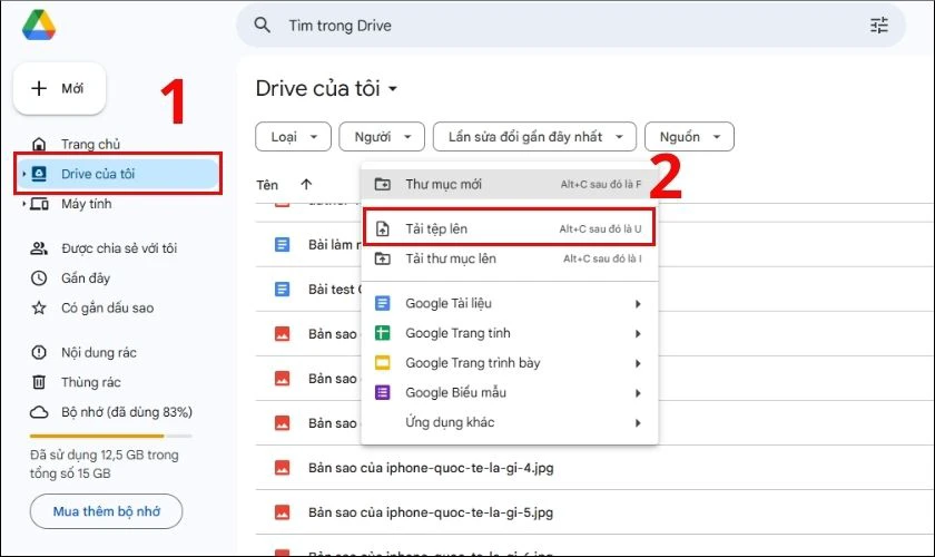 Tại Drive của Tôi, bạn nhấn nút Tải tệp lên