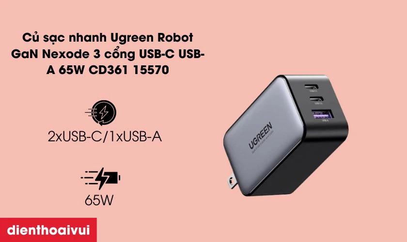 Ugreen Robot GaN Nexode 3 cổng USB-C USB-A 65W CD361 15570 giá tốt được nhiều người ưa chuộng