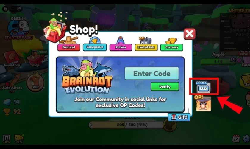 Chọn nút nhập Code 