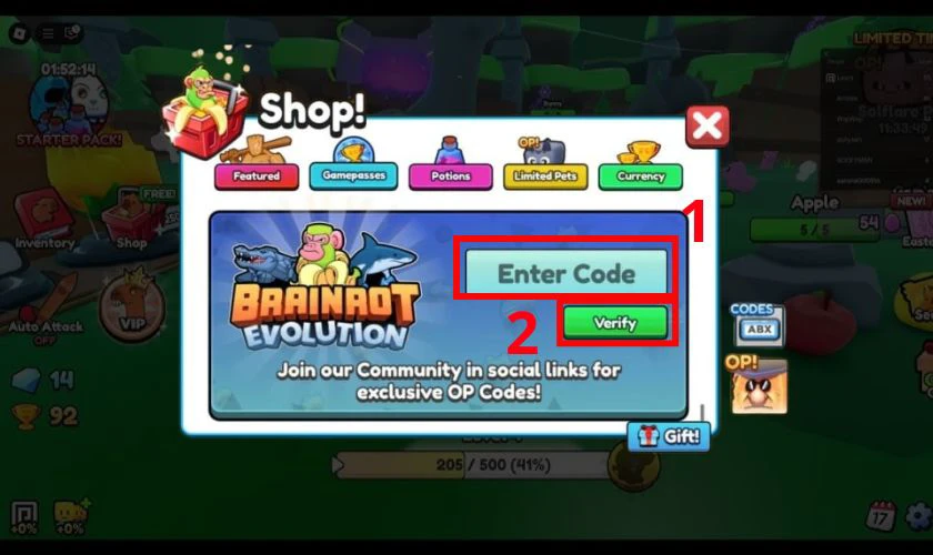 Nhập Code Cute Brainrot Evolution và Xác Nhận