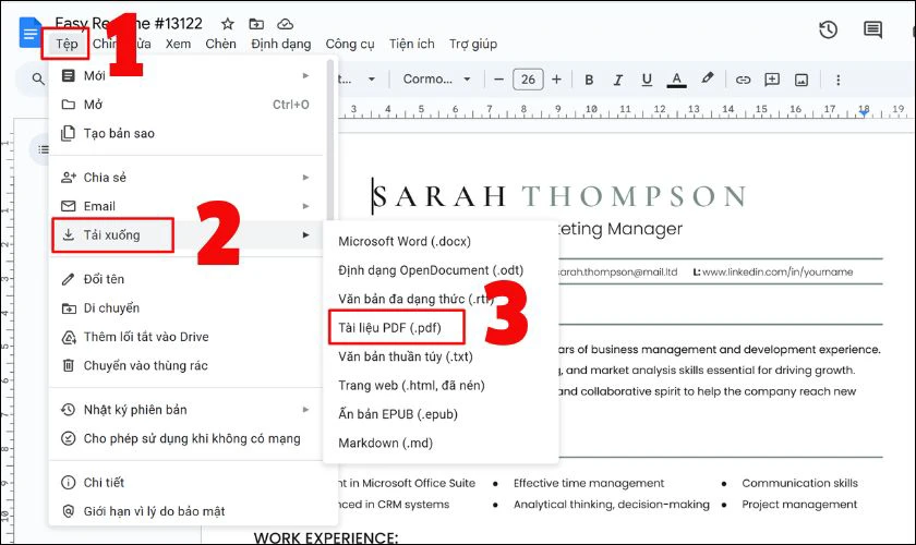 Lưu tài liệu và tải xuống dưới dạng PDF hoặc định dạng khác