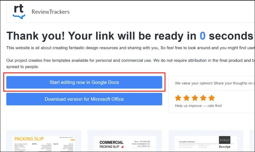 Nhấn vào “Start editing now in Google Docs”