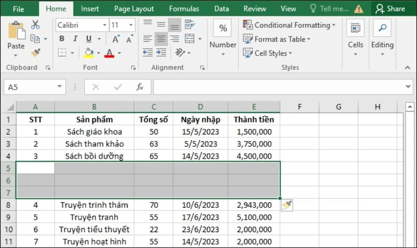 Kết quả sau khi thêm dòng trong Excel