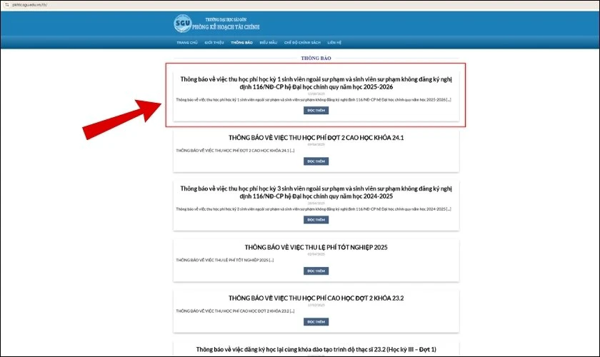 Nhận thông báo thu học phí từ Phòng Kế hoạch tài chính