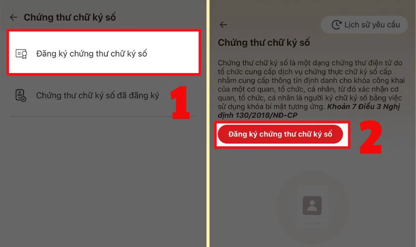 Chọn "Đăng ký chứng thư chữ ký số"