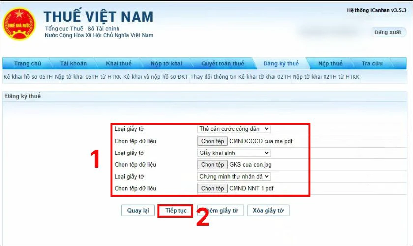 Tải lên các giấy tờ cần thiết