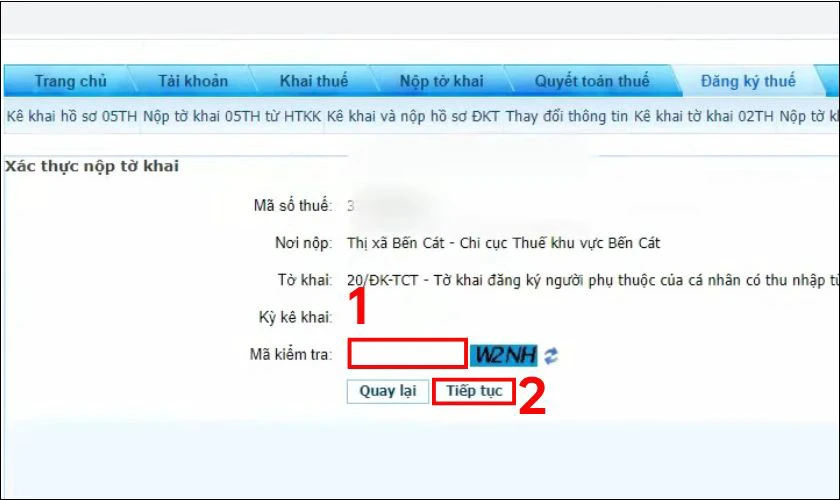 Nhập mã kiểm tra và nhấn Tiếp tục