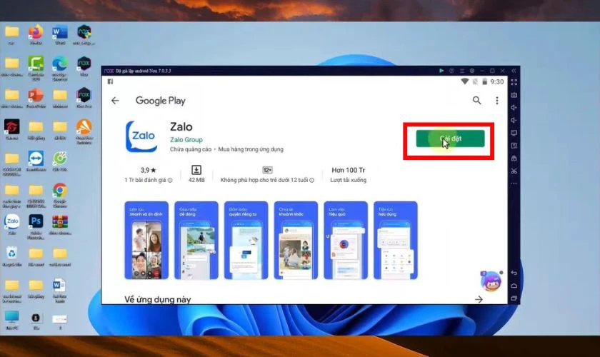 Chọn Cài đặt để tải ứng dụng Zalo về giả lập