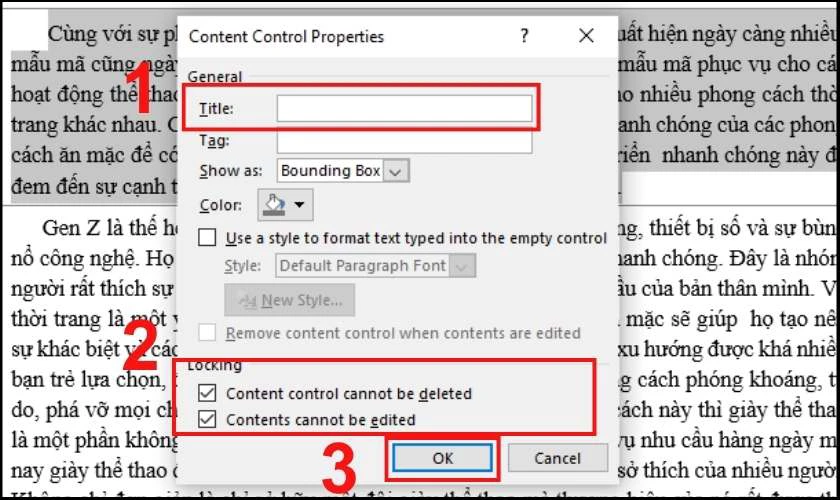 Giao diện hộp thoại Content Control Properties