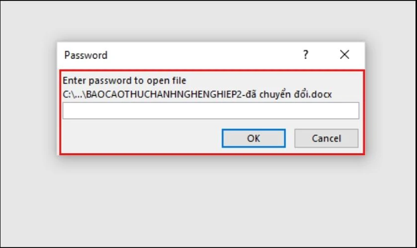 Giao diện hộp thoại để nhập mật khẩu mở file trong Word