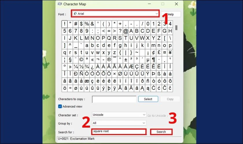 Cách gõ dấu căn bậc 2 trên máy tính Windows bằng Character Map