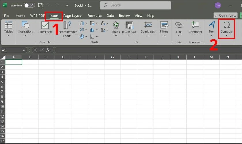 Mở file Excel cần chèn dấu căn bậc 2 rồi nhấn vào Insert và chọn Symbols