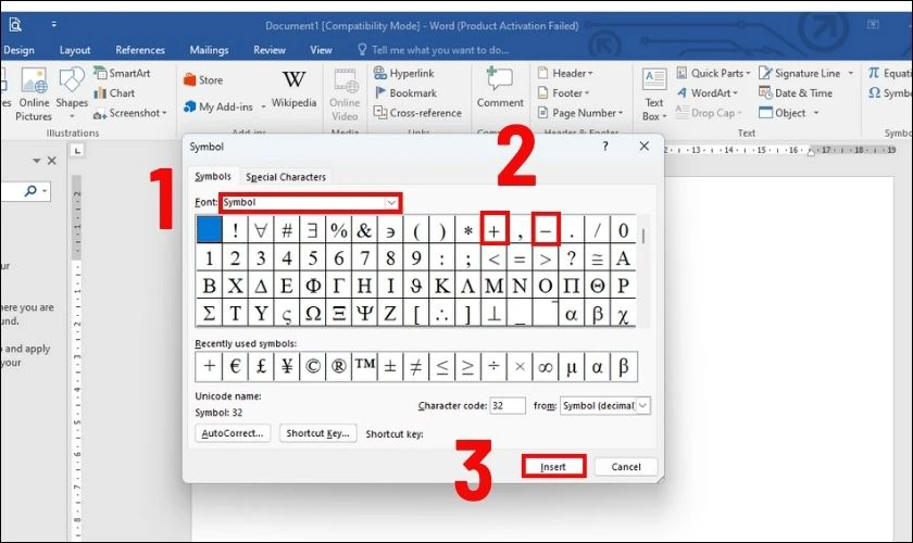 Tại mục Font, bạn cần chọn font Symbol để thấy nhiều ký tự