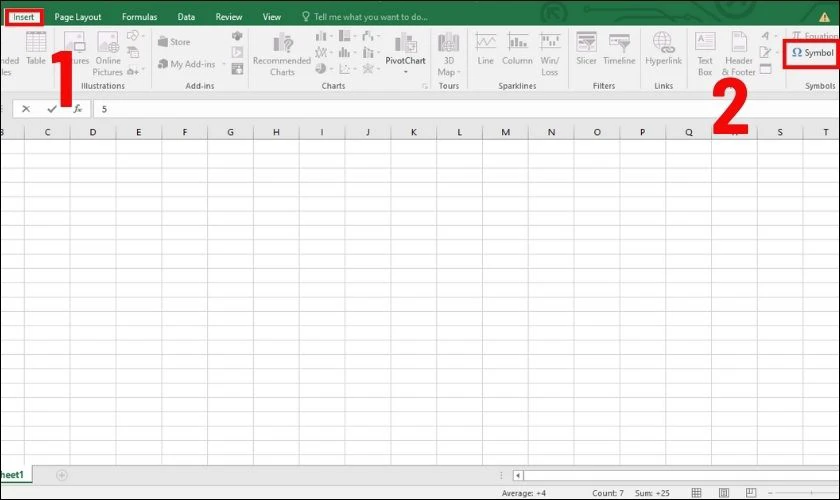 Tại bảng tính Excel, chọn thẻ Insert trên thanh công cụ đầu trang