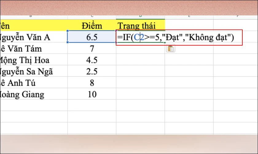 Nhập hàm =IF(C2>=5;