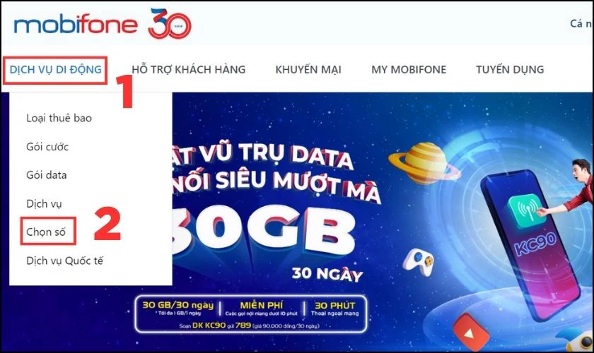 Vào Web MobiFone.vn rồi nhấn Chọn số tại Dịch vụ di động