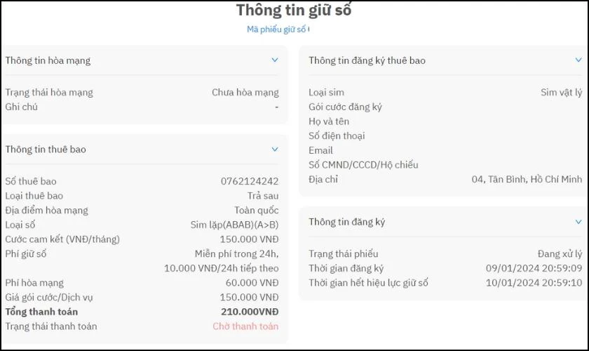 Website sẽ hiển thị thông tin về thuê bao mà bạn đã chọn