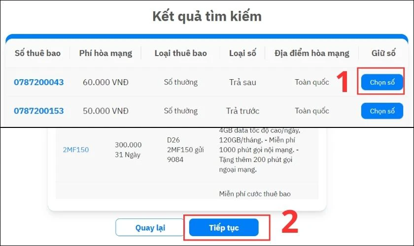 Bạn nhấn Chọn số tại thuê bao muốn mua