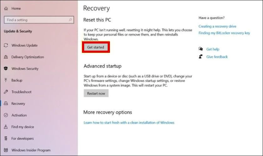 Trong cửa sổ Recovery, bạn bấm chọn nút Get started