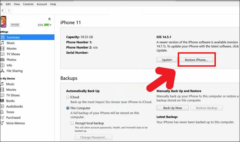 Nhấn vào nút Restore iPhone