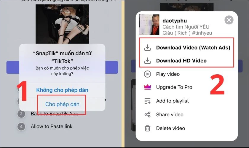 Chọn cho phép app dán link và tải video TikTok