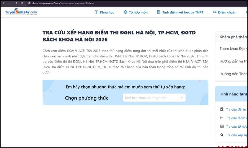 Tra cứu điểm thi ĐGNL mình đứng thứ mấy toàn quốc 2026 - Bước 1