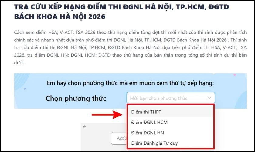 Tra cứu điểm thi ĐGNL mình đứng thứ mấy toàn quốc 2026 - Bước 2