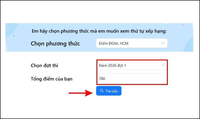 Tra cứu điểm thi ĐGNL mình đứng thứ mấy toàn quốc 2026 - Bước 3