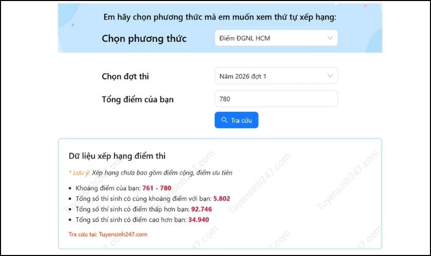 Tra cứu điểm thi ĐGNL mình đứng thứ mấy toàn quốc 2026 - Bước 4