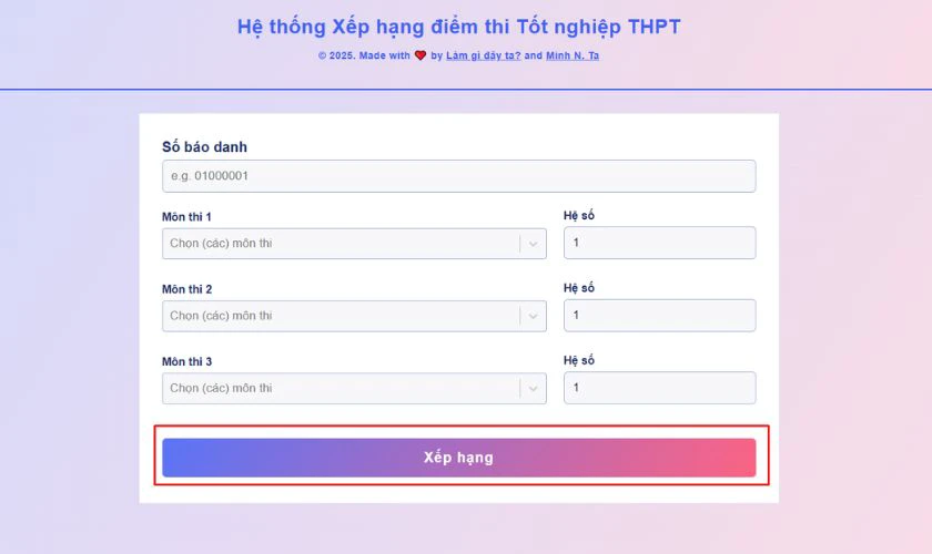 Điểm thi mình đứng thứ mấy toàn quốc ranking2025.tnminh.com: Bước 5:Nhấn “Xếp hạng” để biết điểm thi mình đứng thứ mấy toàn quốc