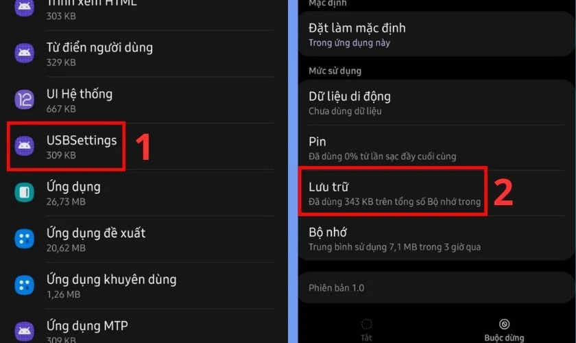 Chọn USBSettings rồi nhấn chọn Lưu trữ