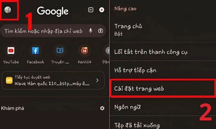 Chọn vào mục Cài đặt trang web