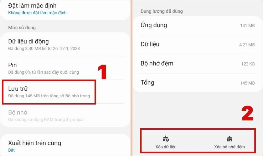 Chọn Xóa dữ liệu hoặc Xóa bộ nhớ đệm trong phần lưu trữ